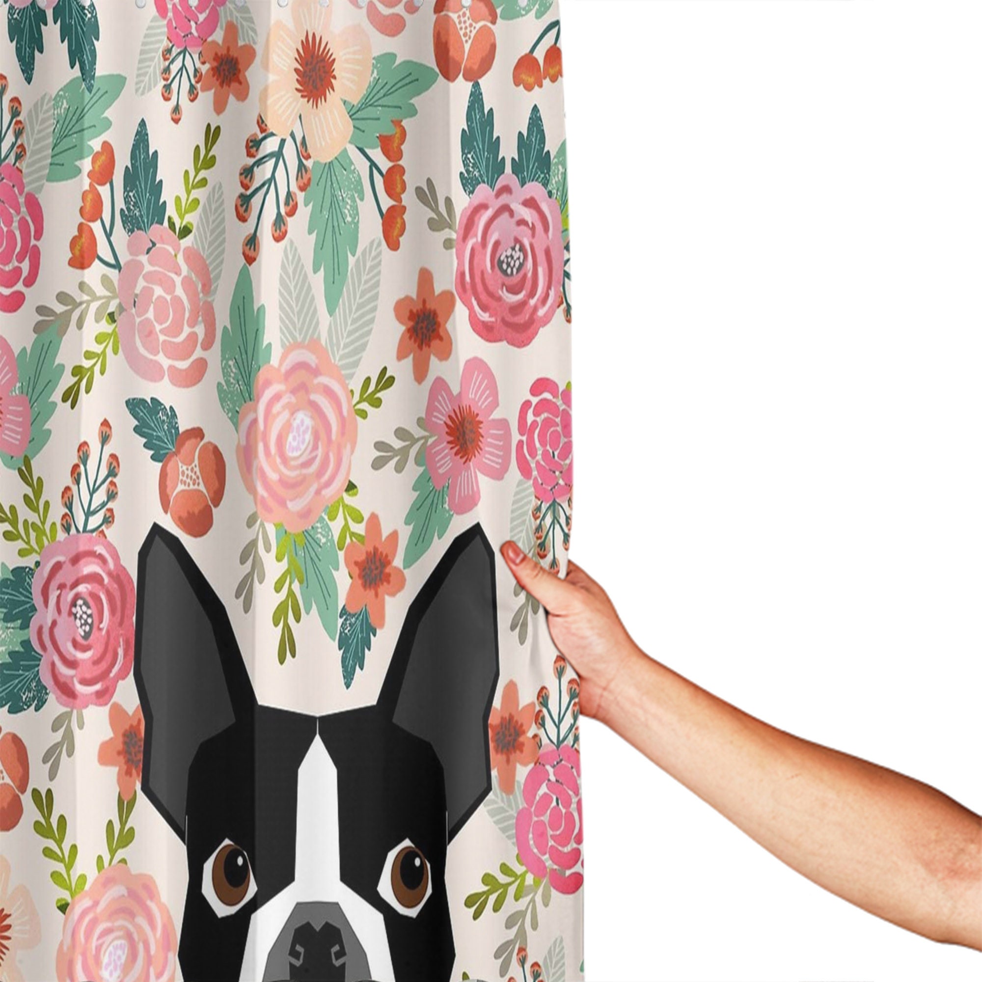 Boston Terrier with Florals Personalized Shower Curtain, Waterproof Bath Decor with Hooks