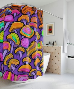 Botanical Art and Modern Bathroom Decor with AI Art Design Print Magic Mushrooms Shower Curtain. 