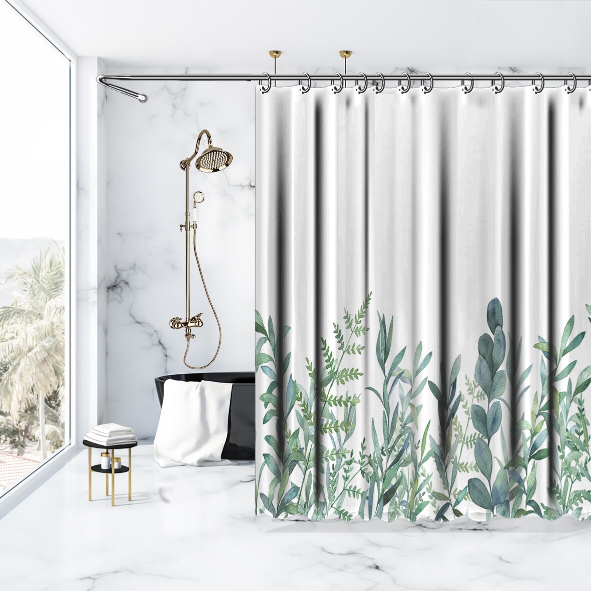 Botanical Artistic Leafs Green Eucalyptus Printed Shower Curtain With Waterproof Fabric For Bathtub Bathroom Decor