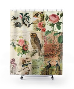 Botanical Bird and Owl Print Shower Curtain, Shabby Chic Bathroom Decor