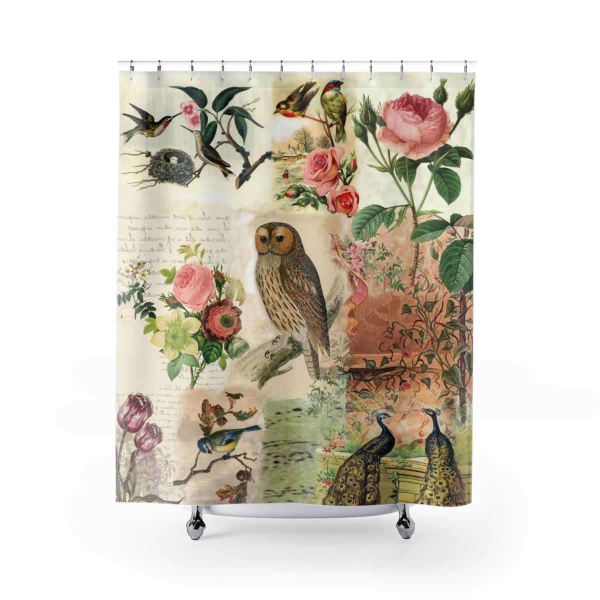 Botanical Bird and Owl Print Shower Curtain, Shabby Chic Bathroom Decor