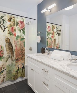 Botanical Bird and Owl Print Shower Curtain, Shabby Chic Bathroom Decor