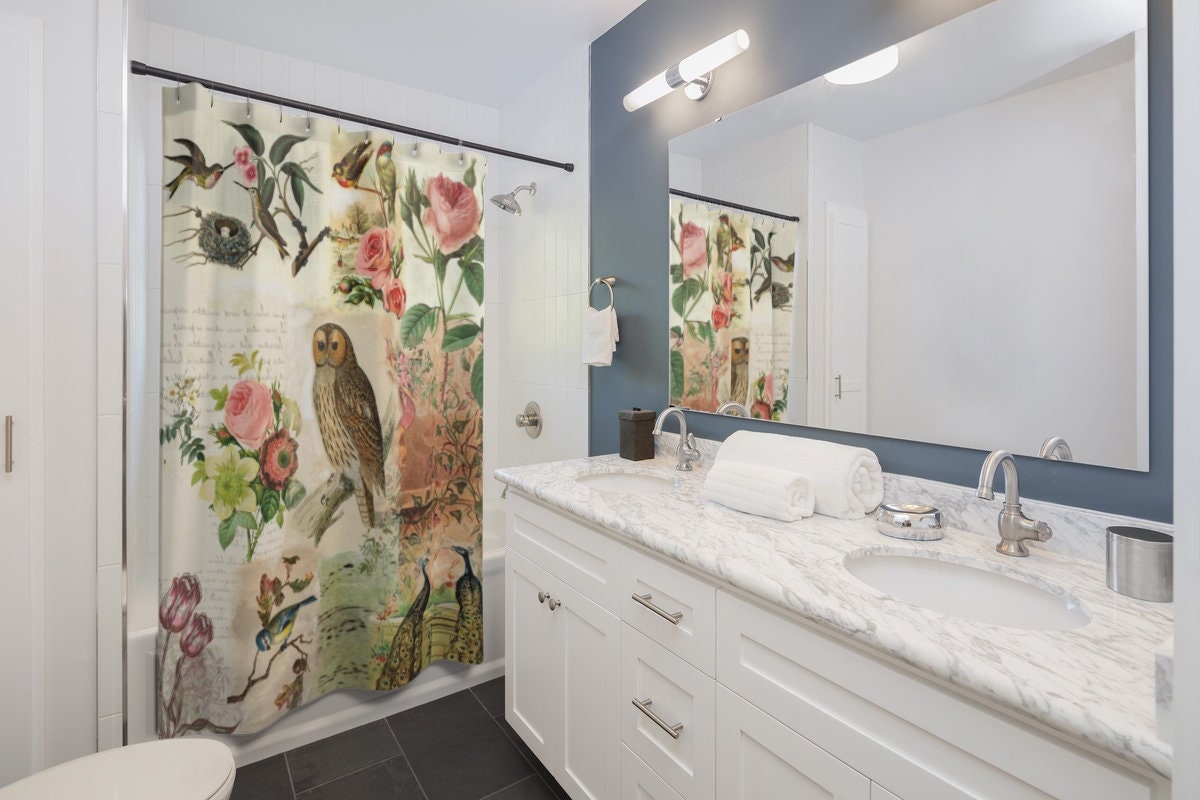 Botanical Bird and Owl Print Shower Curtain, Shabby Chic Bathroom Decor
