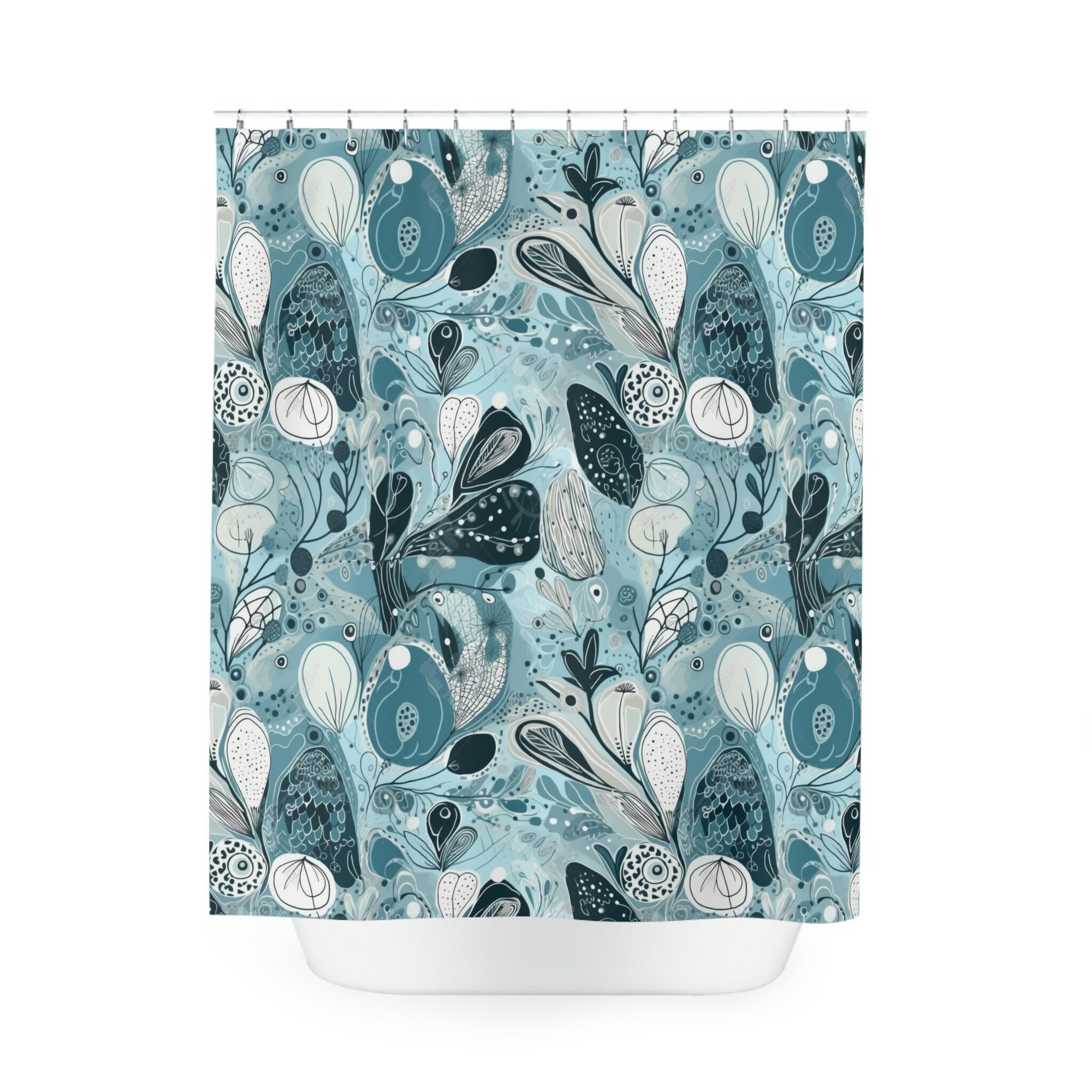 Botanical Blue Abstract Shower Curtain For Modern Bathroom Style - Image 2