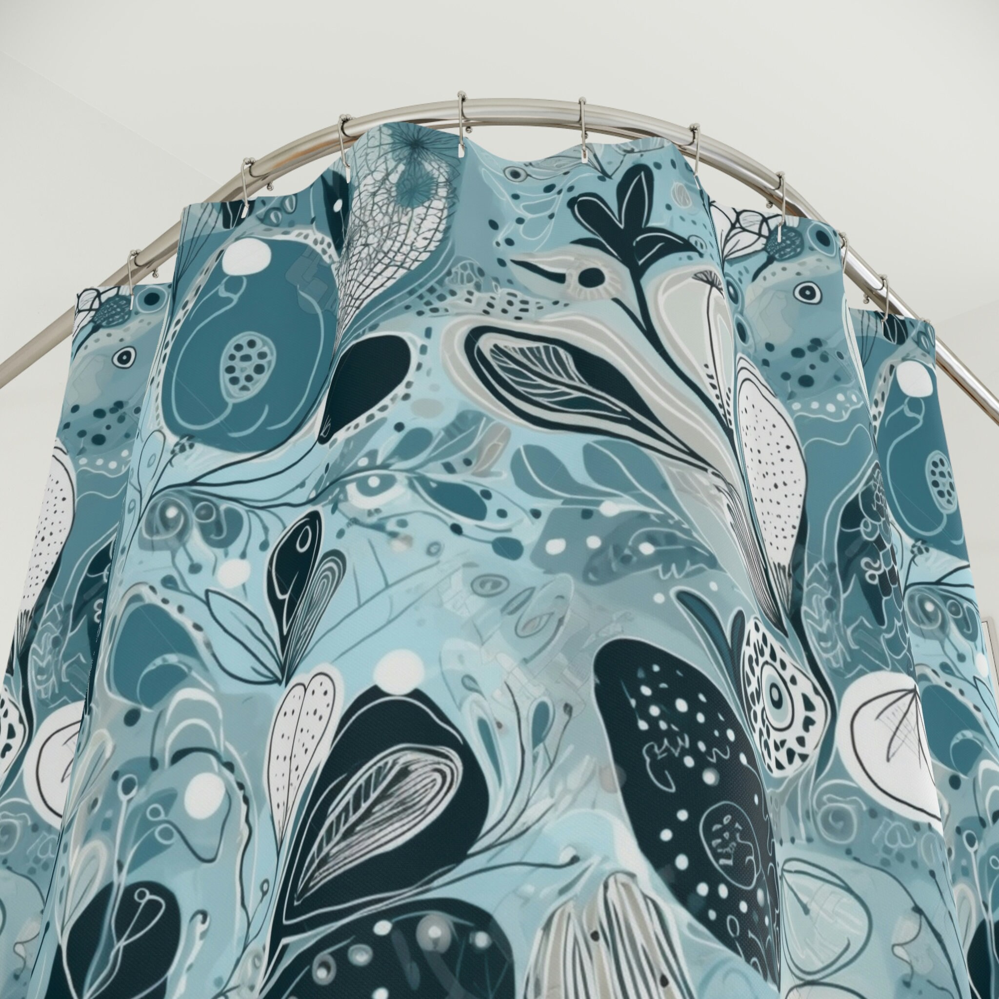 Botanical Blue Abstract Shower Curtain For Modern Bathroom Style - Image 3