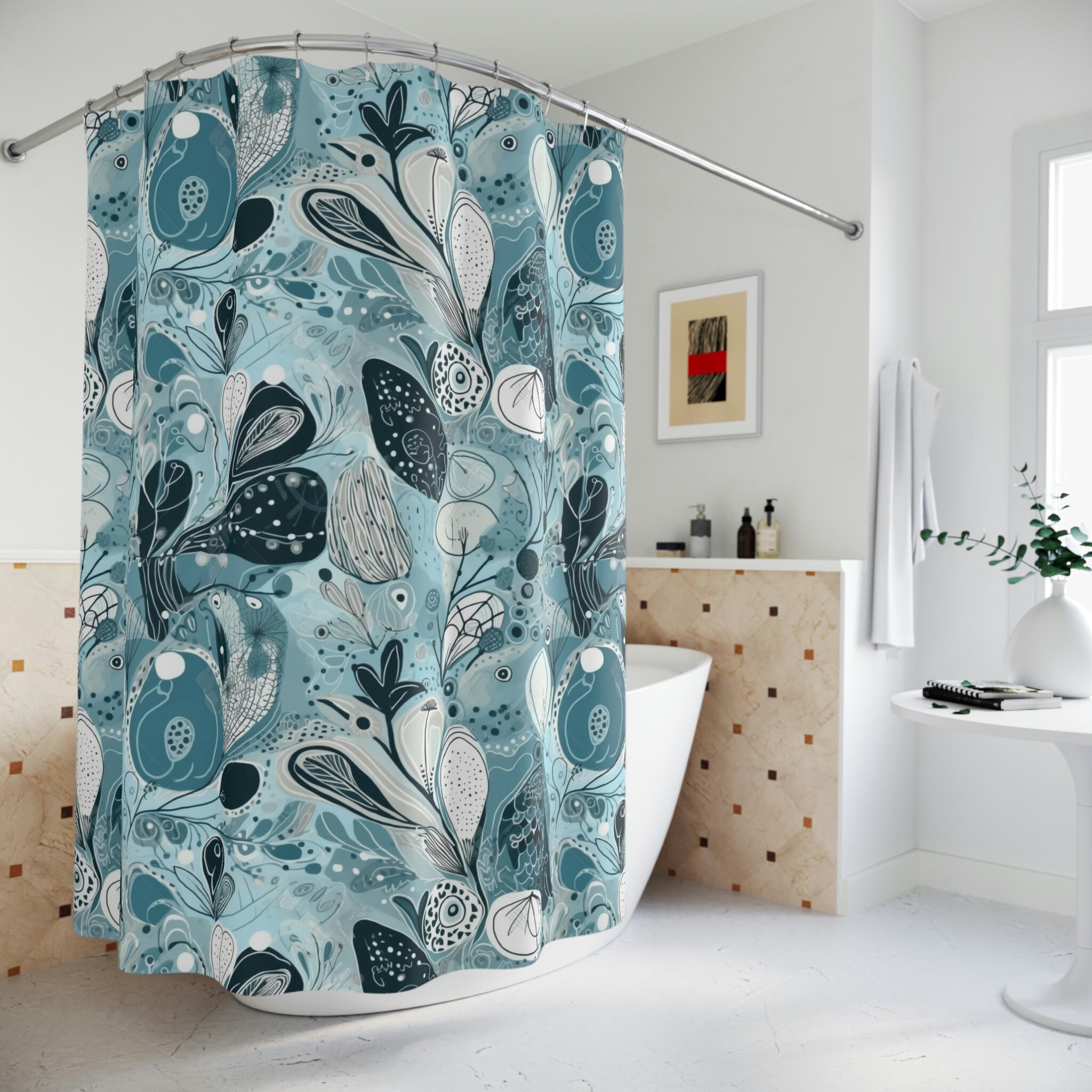 Botanical Blue Abstract Shower Curtain For Modern Bathroom Style - Image 4