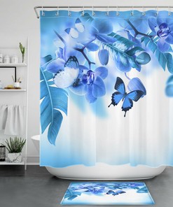 Botanical Blue Flower Leaf Shower Curtain, Floral Bathroom Accessories