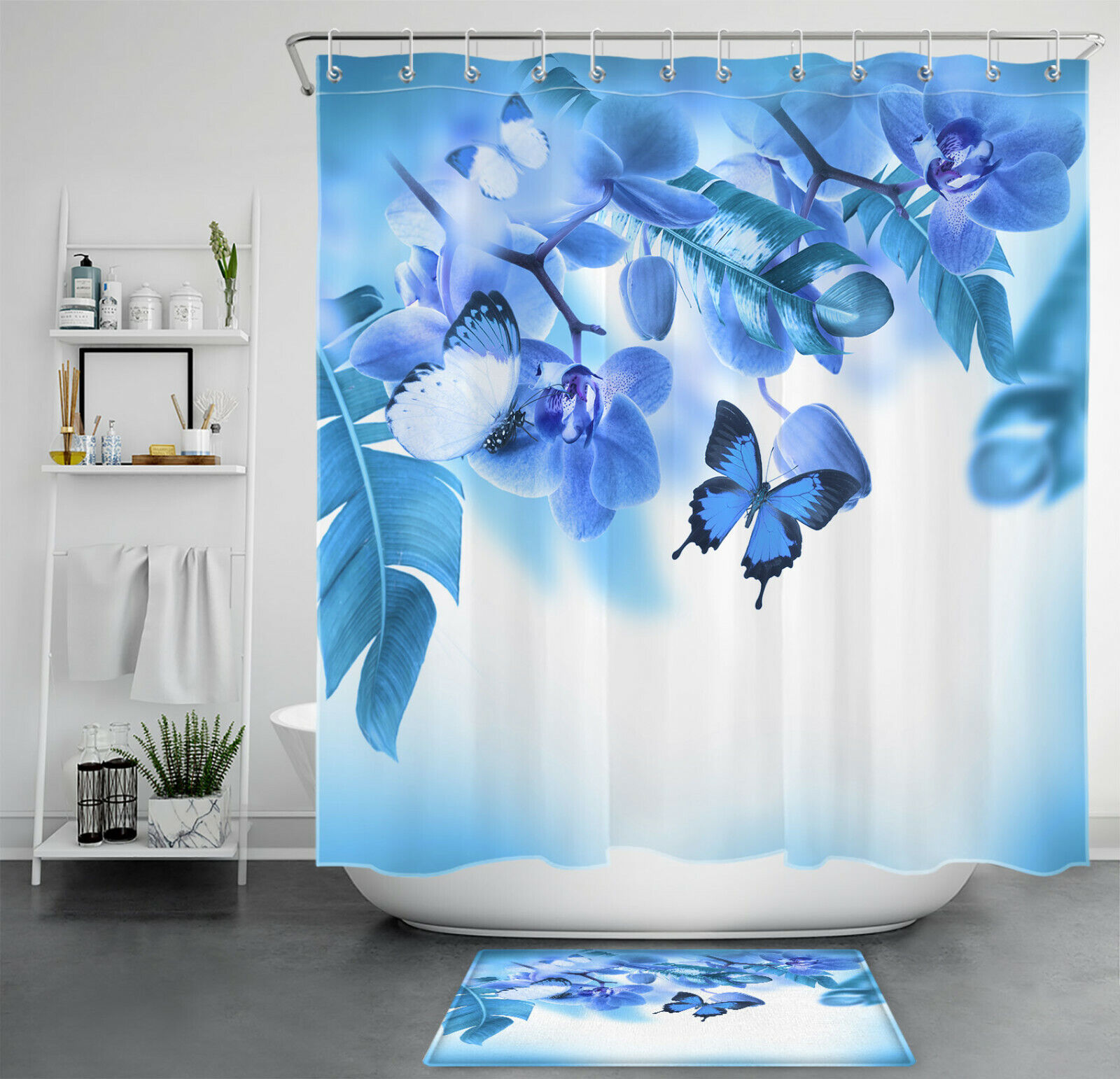 Botanical Blue Flower Leaf Shower Curtain, Floral Bathroom Accessories