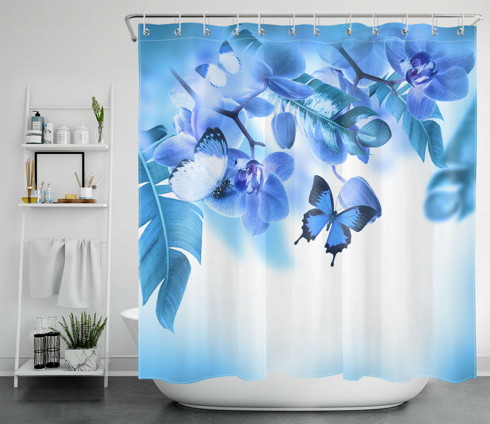 Botanical Blue Flower Leaf Shower Curtain, Floral Bathroom Accessories - Image 2