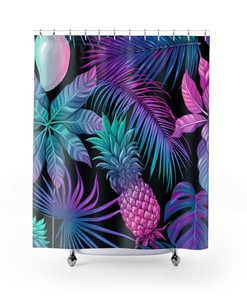 Botanical Boho Shower Curtain with Tropical Leaves and Flowers