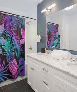Botanical Boho Shower Curtain with Tropical Leaves and Flowers