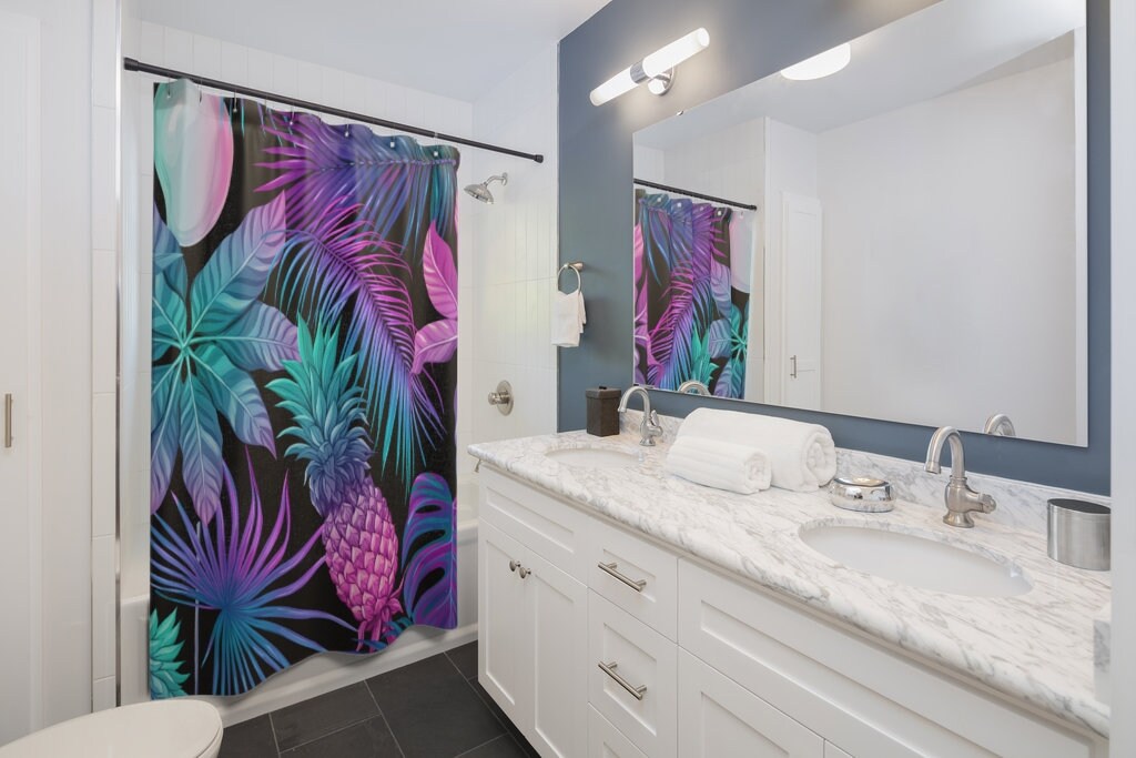 Botanical Boho Shower Curtain with Tropical Leaves and Flowers
