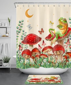Botanical Cute Frog Red Mushroom Shower Curtain for a Playful Touch