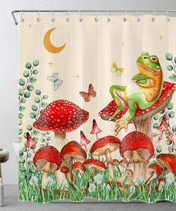 Botanical Cute Frog Red Mushroom Shower Curtain for a Playful Touch