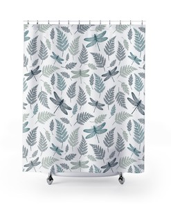 Botanical Dragonfly Shower Curtain With Blue And Grey Leaves Design For Modern Bathroom Decor