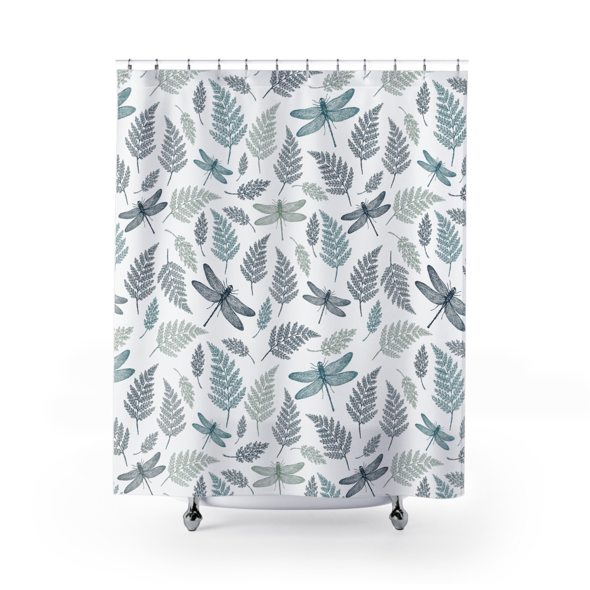 Botanical Dragonfly Shower Curtain With Blue And Grey Leaves Design For Modern Bathroom Decor