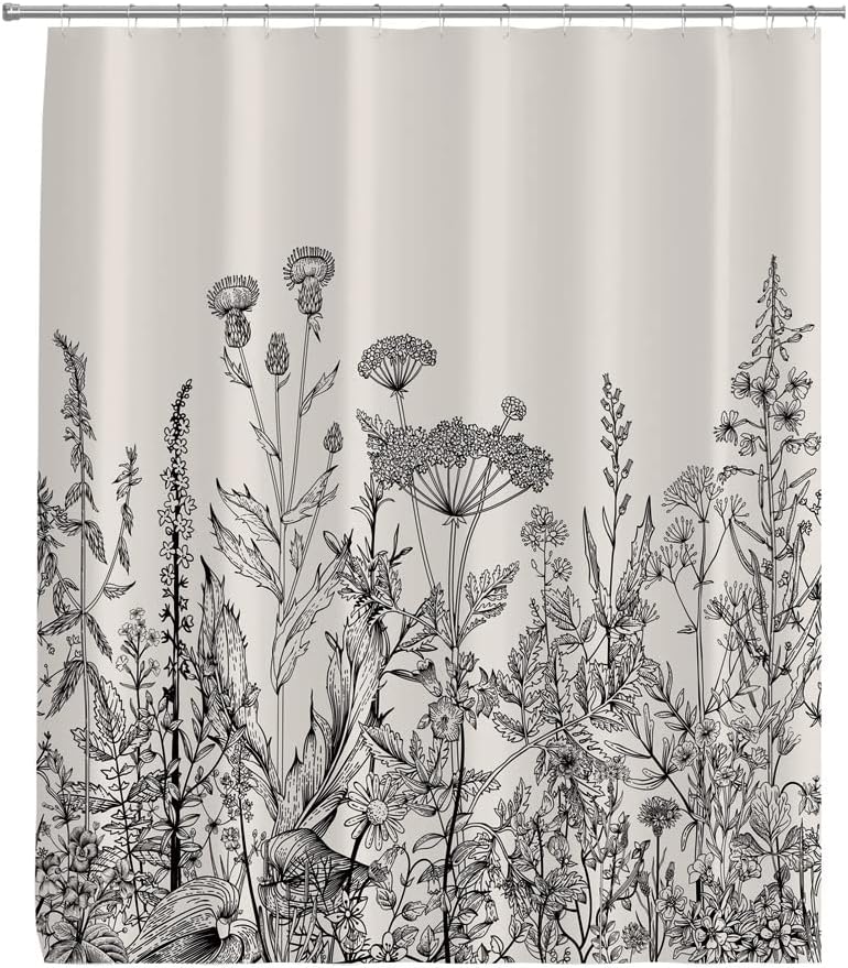 Botanical Engraving Black Shower Curtain For A Classic Bathroom