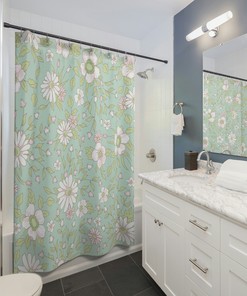 Botanical Farmhouse Boho Shower Curtain, Pink, Green And White, Water Resistant, Machine Washable, Bathroom Decor