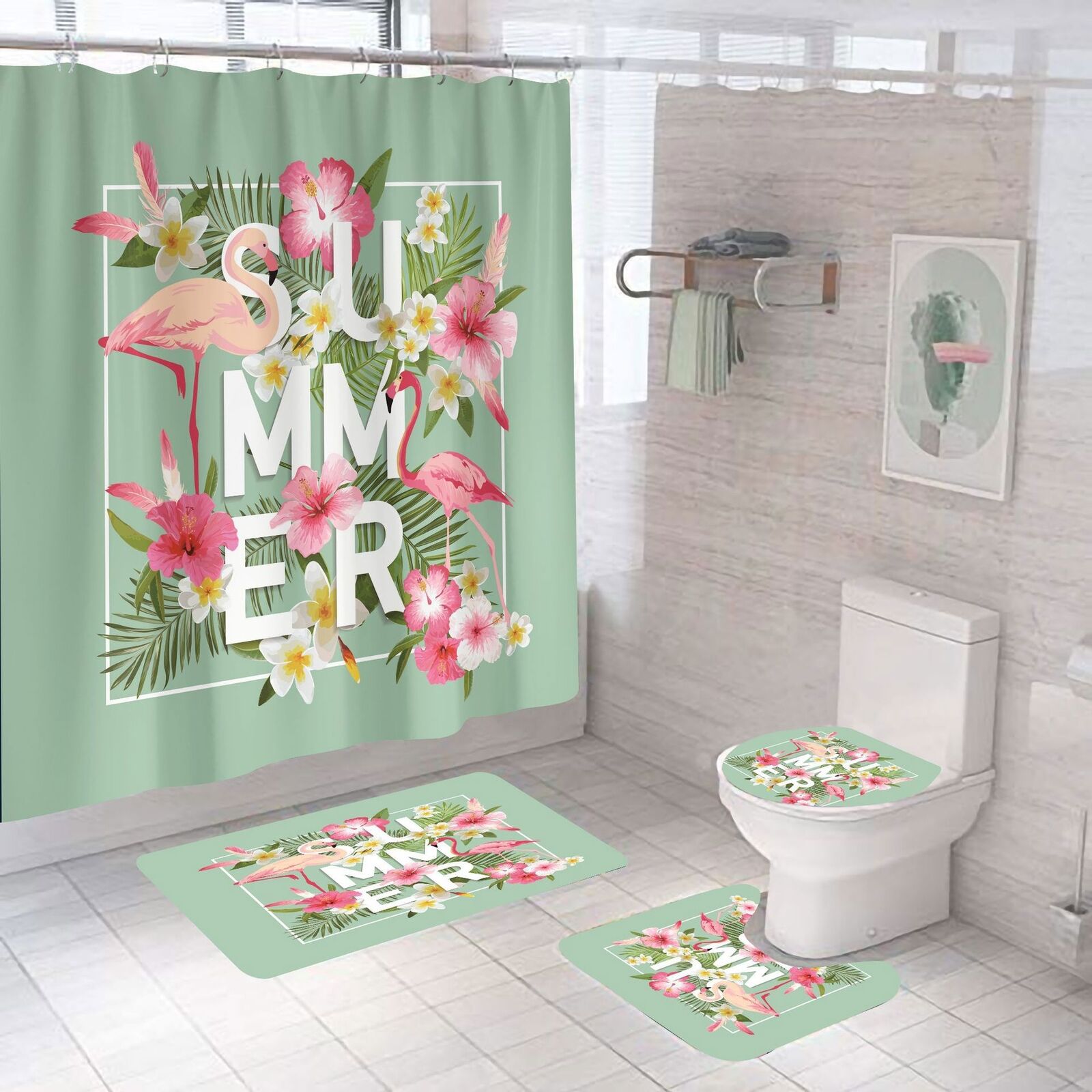 Botanical Flamingo Leaves Flower Print Shower Curtain For A Serene Bathroom