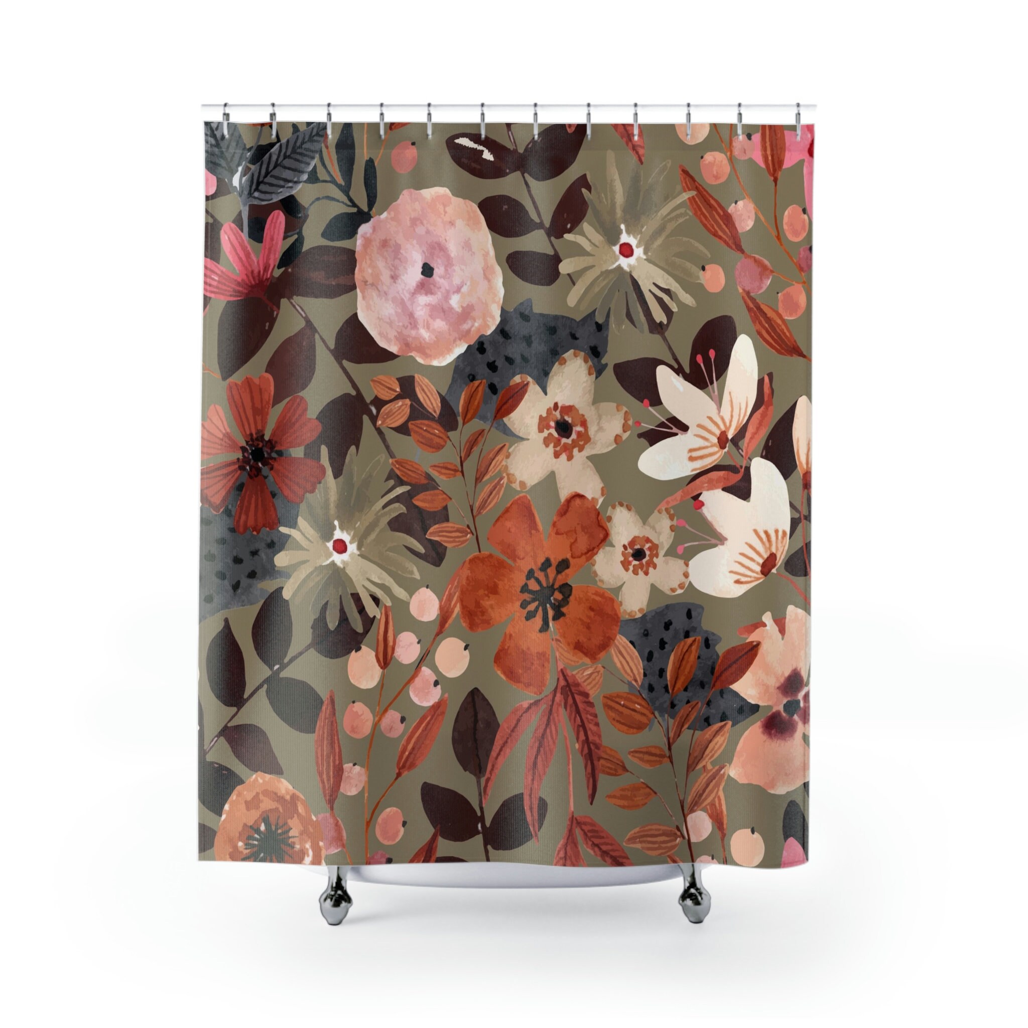 Botanical Floral Print Dark Academia Shower Curtain For Nature Lover Bathroom Decor