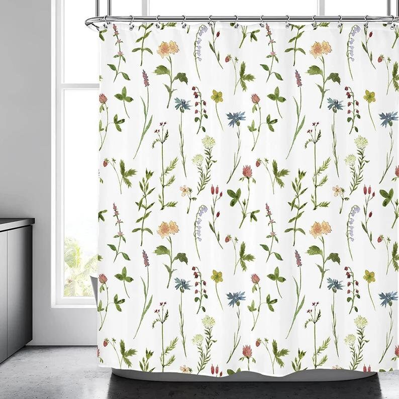 Botanical Floral Shower Curtain With Plant And Herb Print - Ideal For A Relaxing And Soothing Bathroom Look
