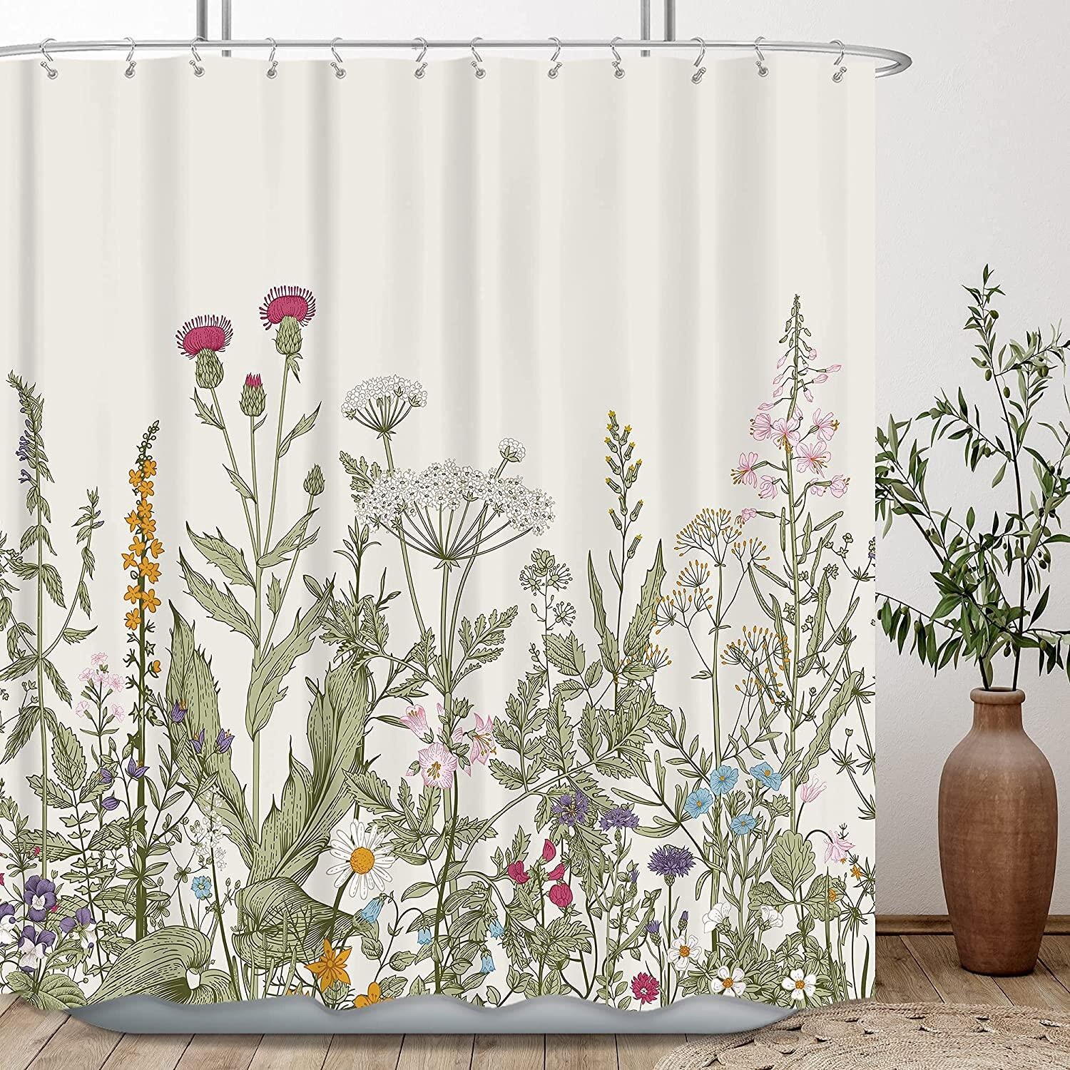 Botanical Floral Shower Curtain With Plant And Herb Print - Ideal For A Relaxing And Soothing Bathroom Look - Image 2
