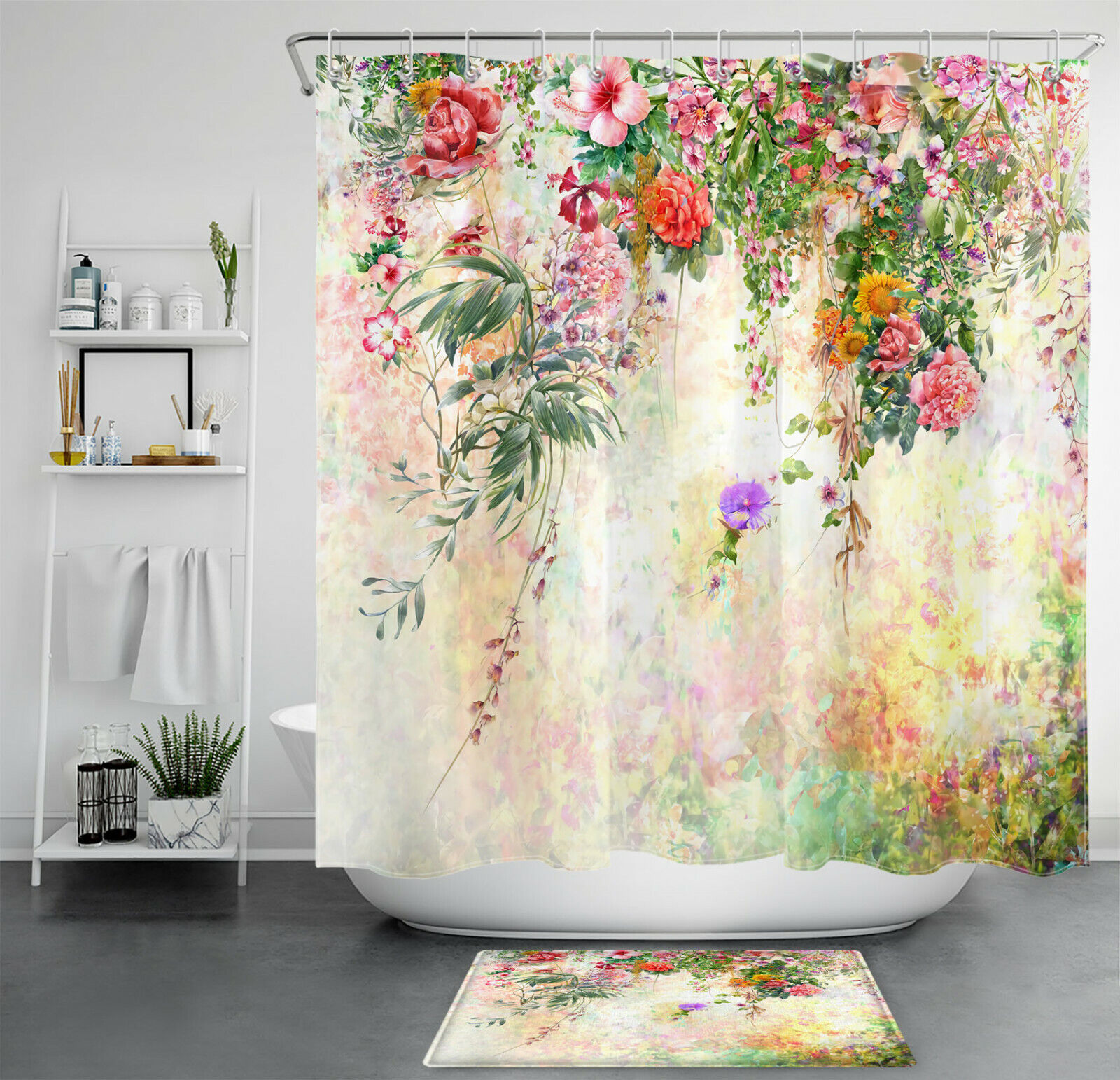 Botanical Floral Shower Curtain with Watercolor Flowers and Green Leaves for a Natural Look