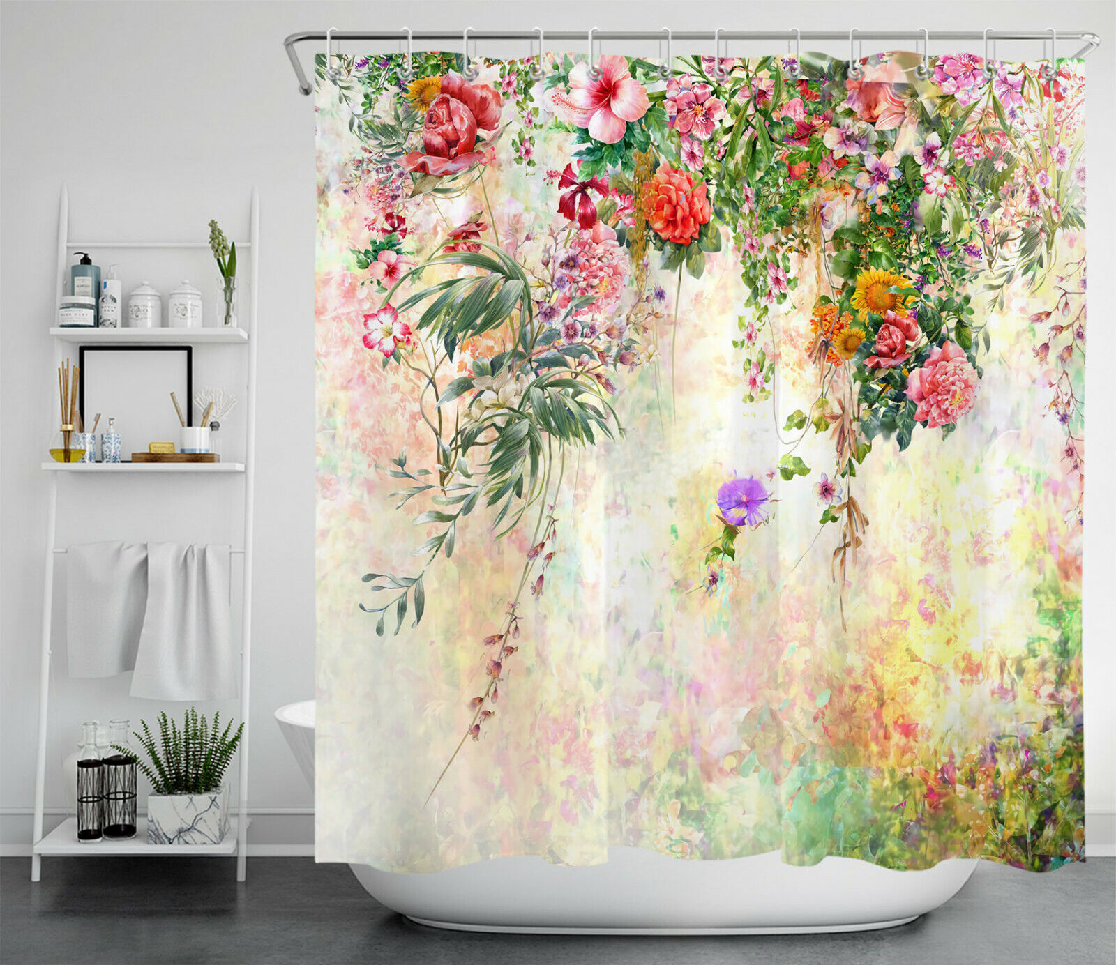 Botanical Floral Shower Curtain with Watercolor Flowers and Green Leaves for a Natural Look
