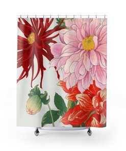 Botanical Flower Japanese Woodblock Shower Curtain with Elegant Dahlia Blossom Design for Chic Bathroom Decor
