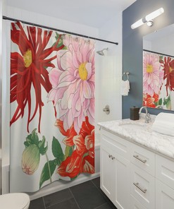 Botanical Flower Japanese Woodblock Shower Curtain with Elegant Dahlia Blossom Design for Chic Bathroom Decor