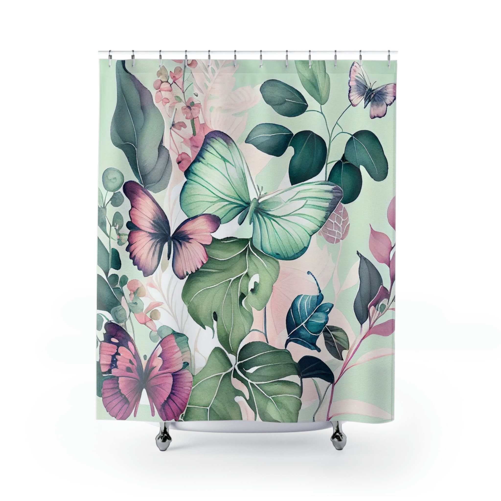 Botanical Flowers Print Butterflies Garden Shower Curtain For A Fresh Bathroom Decor - Image 2