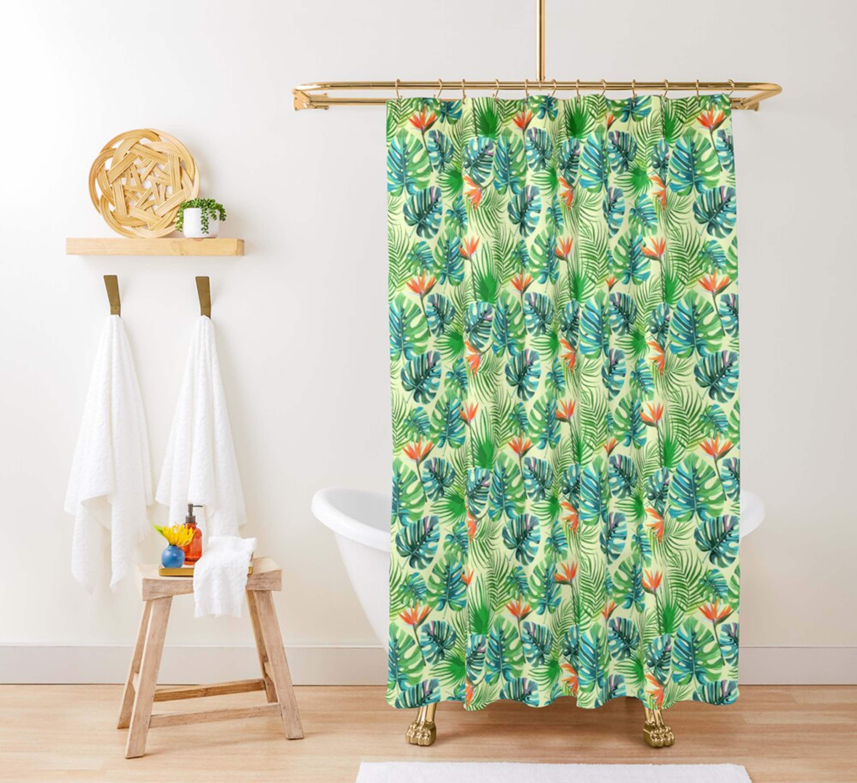 Botanical Garden Shower Curtain, Monstera Palm Leaf Pattern Bathroom Set
