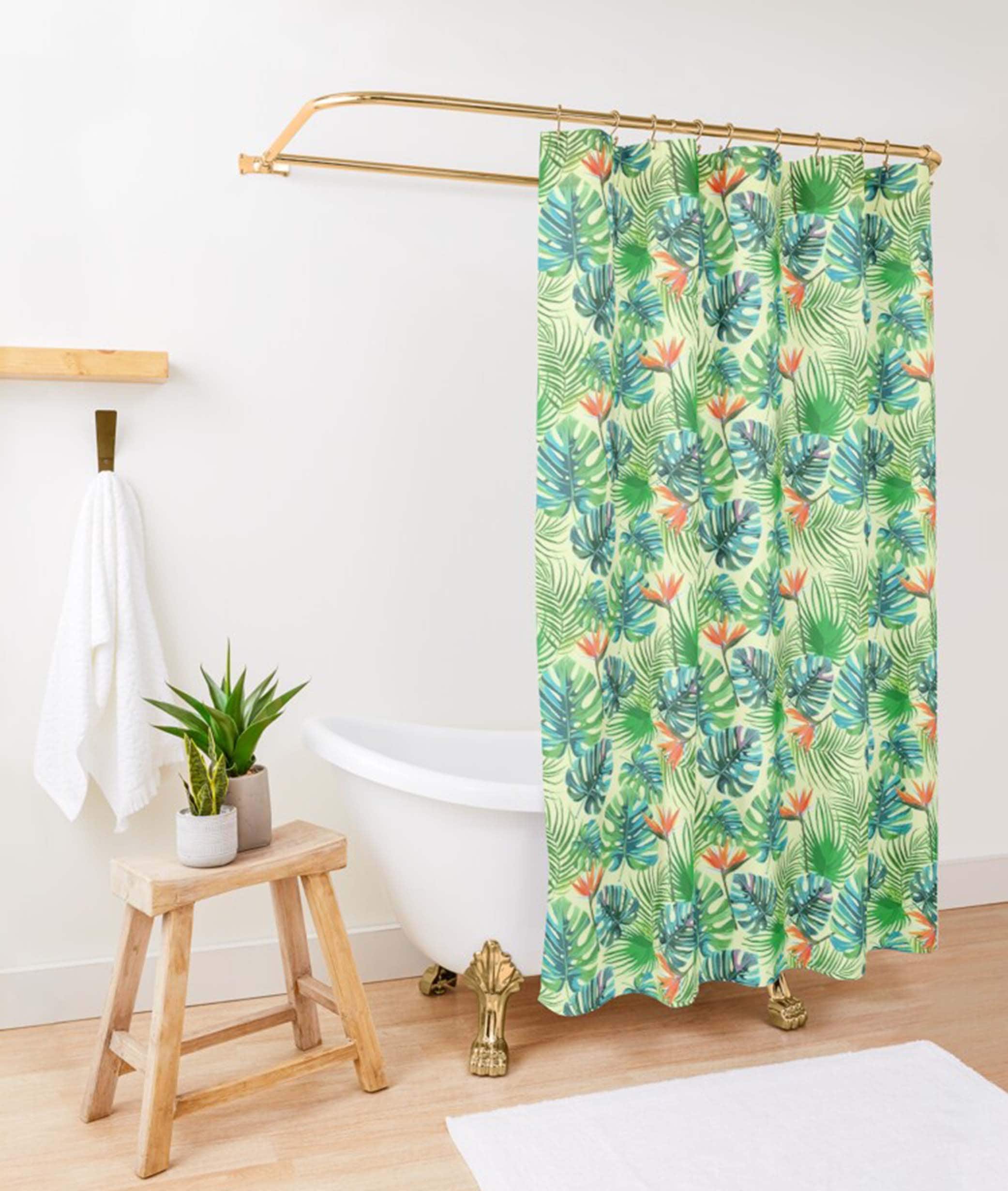 Botanical Garden Shower Curtain, Monstera Palm Leaf Pattern Bathroom Set