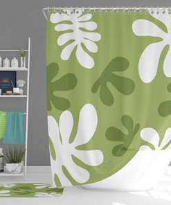Botanical Green And White Leaves Shower Curtain Set With Tropical Forest Print For Natural Bathroom Decor