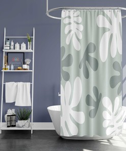 Botanical Green And White Leaves Shower Curtain Set With Tropical Forest Print For Natural Bathroom Decor