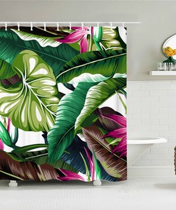 Botanical Green Banana Leaves Shower Curtain With Tropical Pink Flower Forest Design 