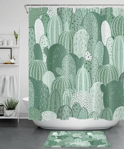 Botanical Green Cactus Cartoon Shower Curtain For Tropical Bathroom
