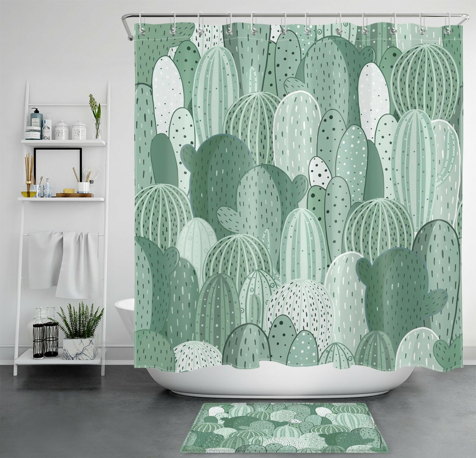 Botanical Green Cactus Cartoon Shower Curtain For Tropical Bathroom