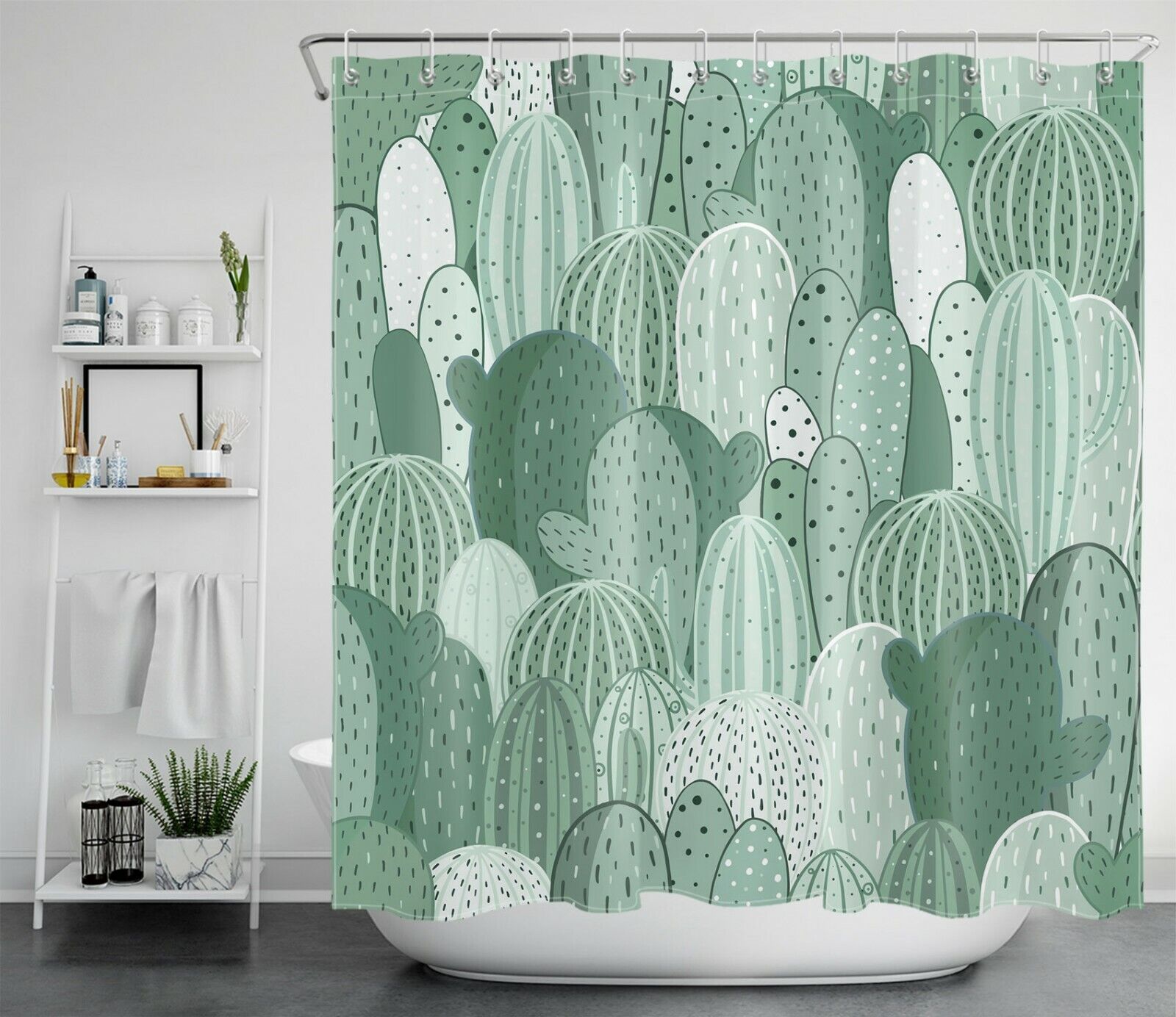 Botanical Green Cactus Cartoon Shower Curtain For Tropical Bathroom - Image 2