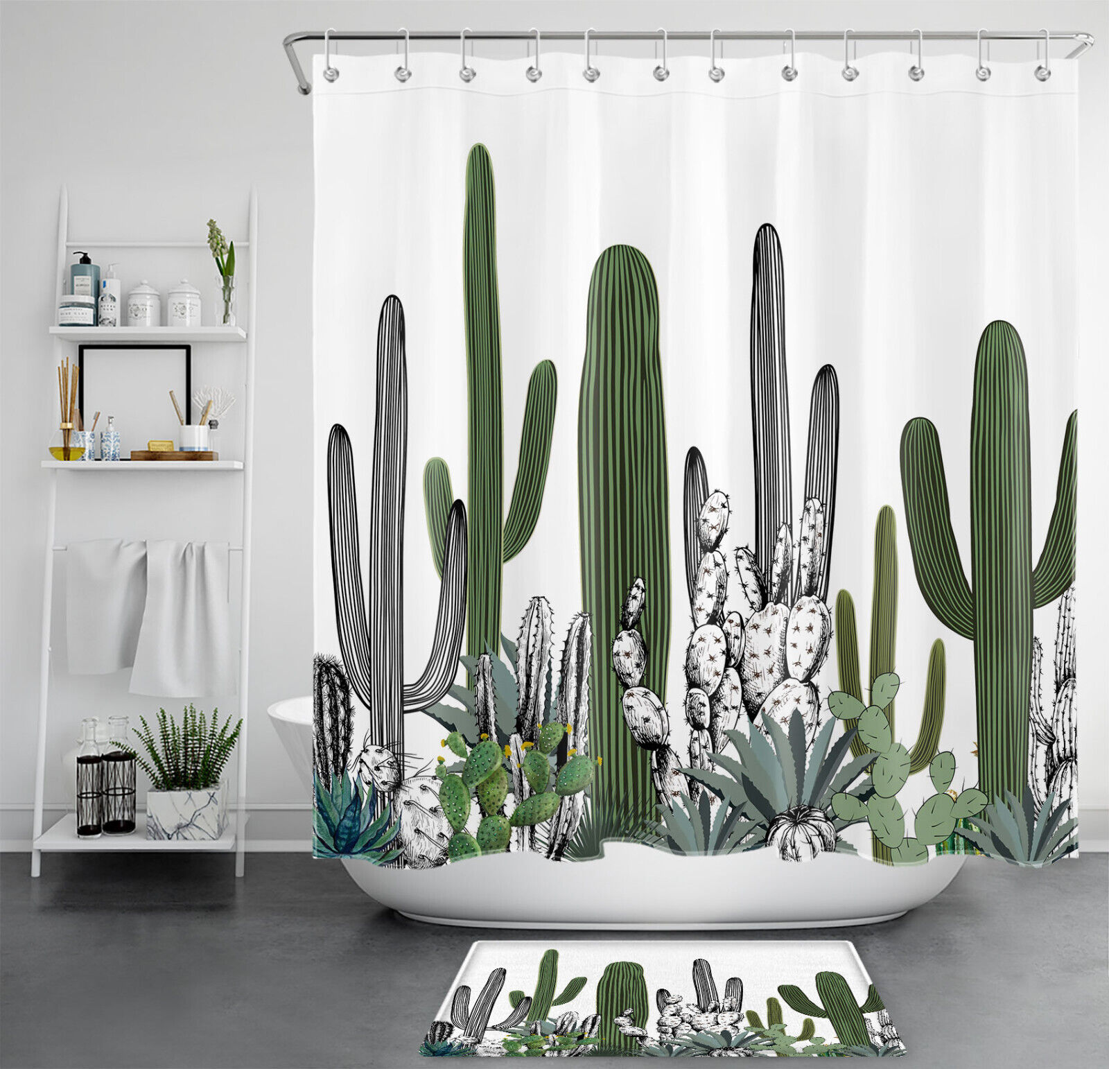 Botanical Green Cactus Shower Curtain with Tropical Nature Design, for Bathroom Decor
