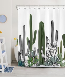 Botanical Green Cactus Shower Curtain with Tropical Nature Design, for Bathroom Decor