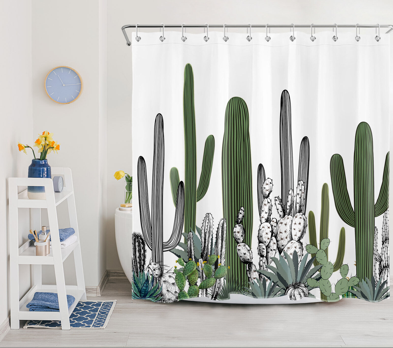 Botanical Green Cactus Shower Curtain with Tropical Nature Design, for Bathroom Decor