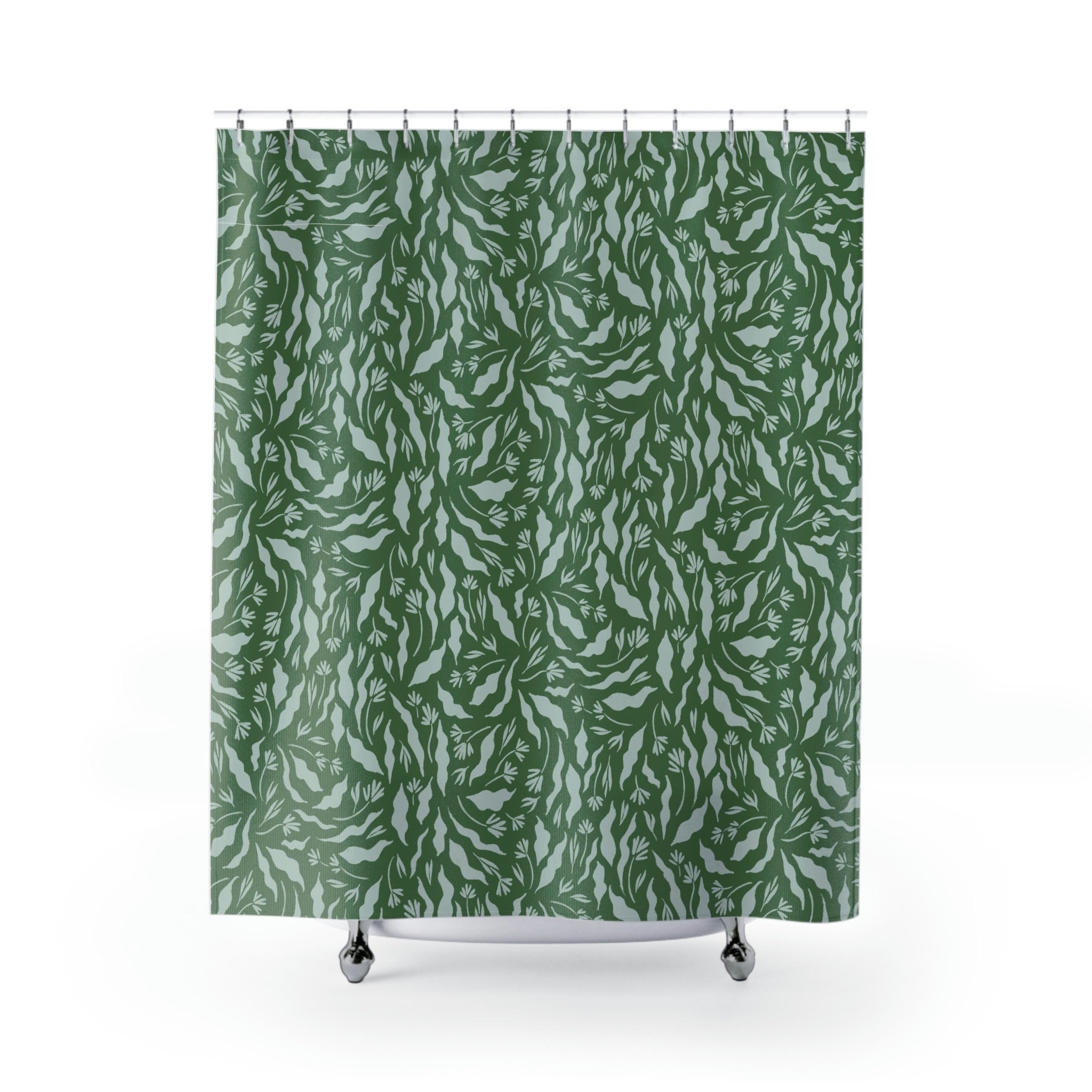 Botanical Green Floral Shower Curtain, Fabric Bathroom Decor With Nature Print