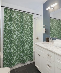 Botanical Green Floral Shower Curtain, Fabric Bathroom Decor With Nature Print