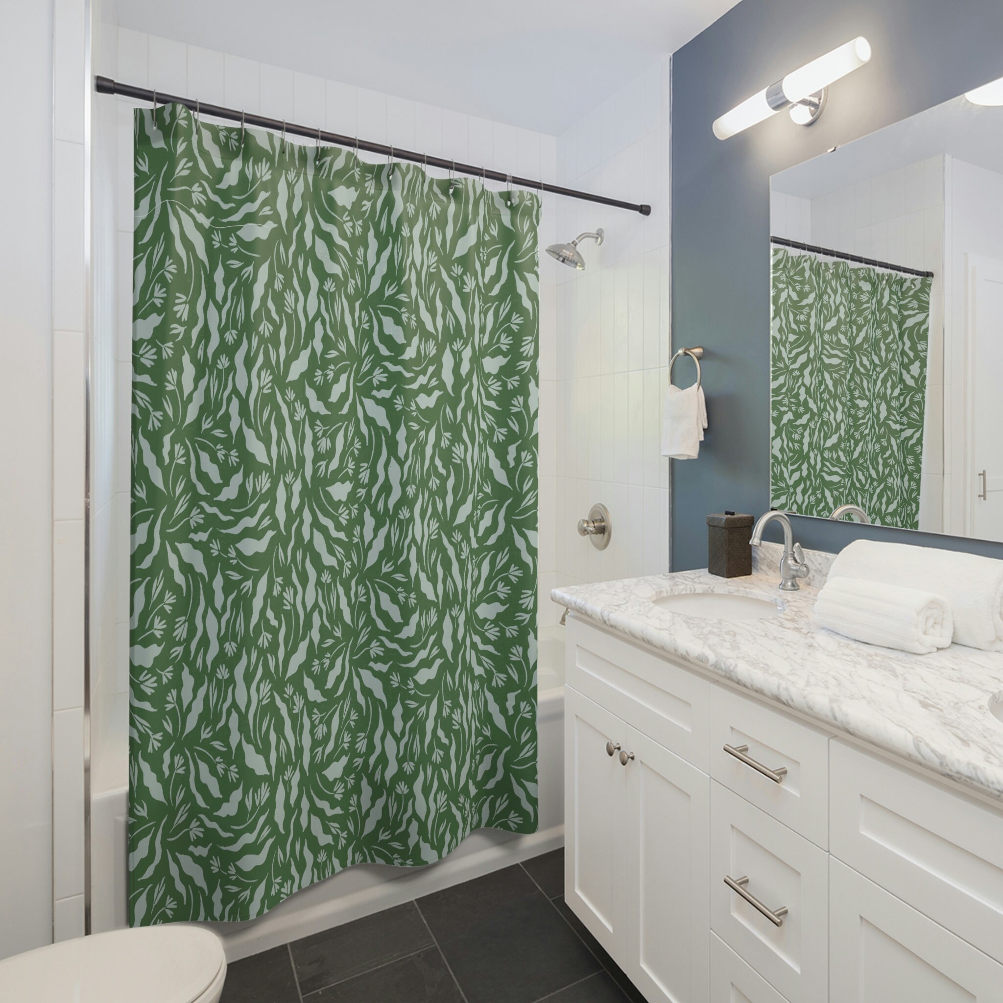 Botanical Green Floral Shower Curtain, Fabric Bathroom Decor With Nature Print