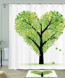Botanical Green Heart-Shaped Tree Shower Curtain, Fabric Bathroom Decor With Nature Print