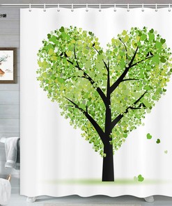 Botanical Green Heart-Shaped Tree Shower Curtain, Fabric Bathroom Decor With Nature Print