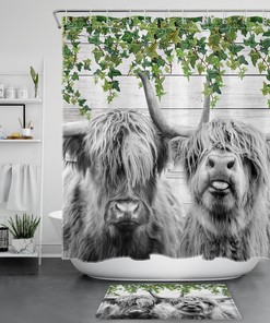 Botanical Green Leaf Highland Cow Quote Shower Curtain for Bathroom Decor