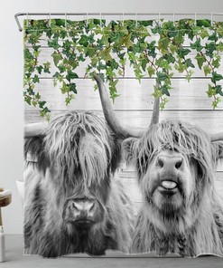 Botanical Green Leaf Highland Cow Quote Shower Curtain for Bathroom Decor
