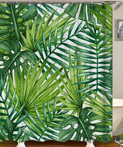 Botanical Green Palm Leaf Shower Curtain With Coconut And Banana Leaf Prints For Tropical Bathroom Decor